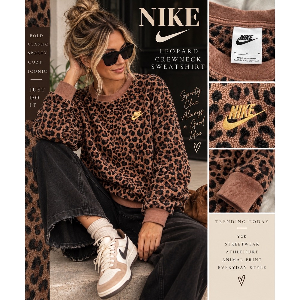 Nike Leopard Print Fuzzy Crewneck Sweatshirt M Animal Print Y2K Streetwear